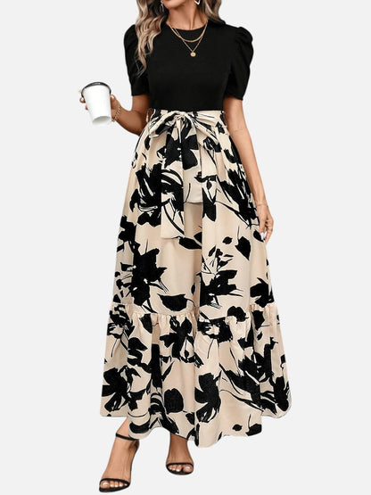 Women’s Floral Midi Dress – Puff Sleeve Belted Waist