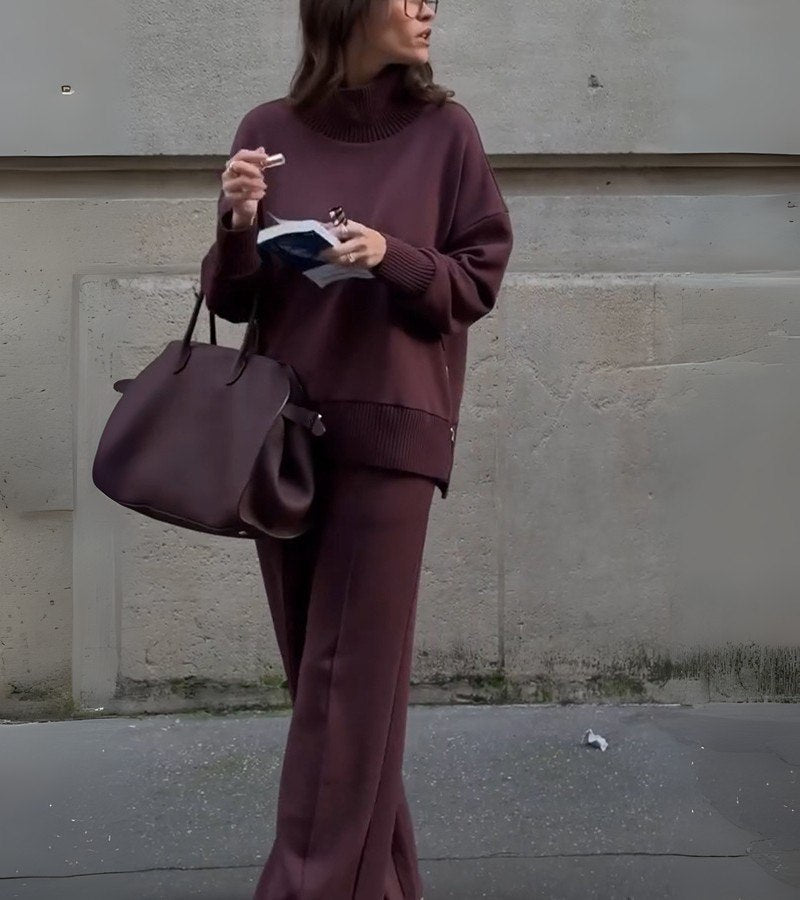 Elowen Two-Piece Knit Set in Deep Burgundy Brown