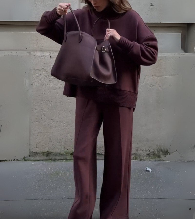 Elowen Two-Piece Knit Set in Deep Burgundy Brown