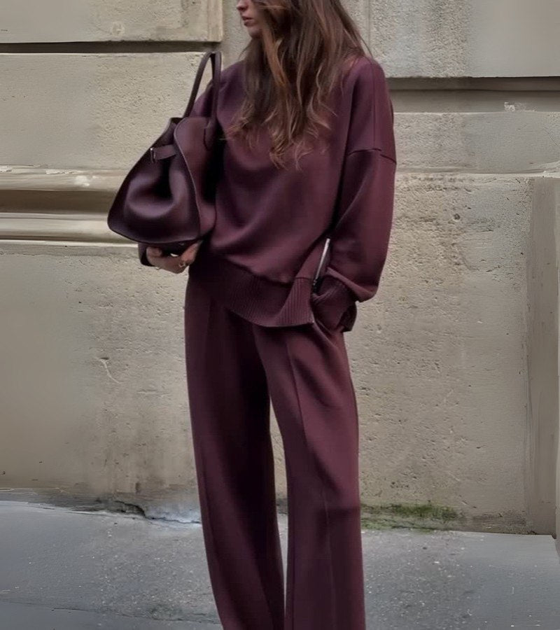 Elowen Two-Piece Knit Set in Deep Burgundy Brown