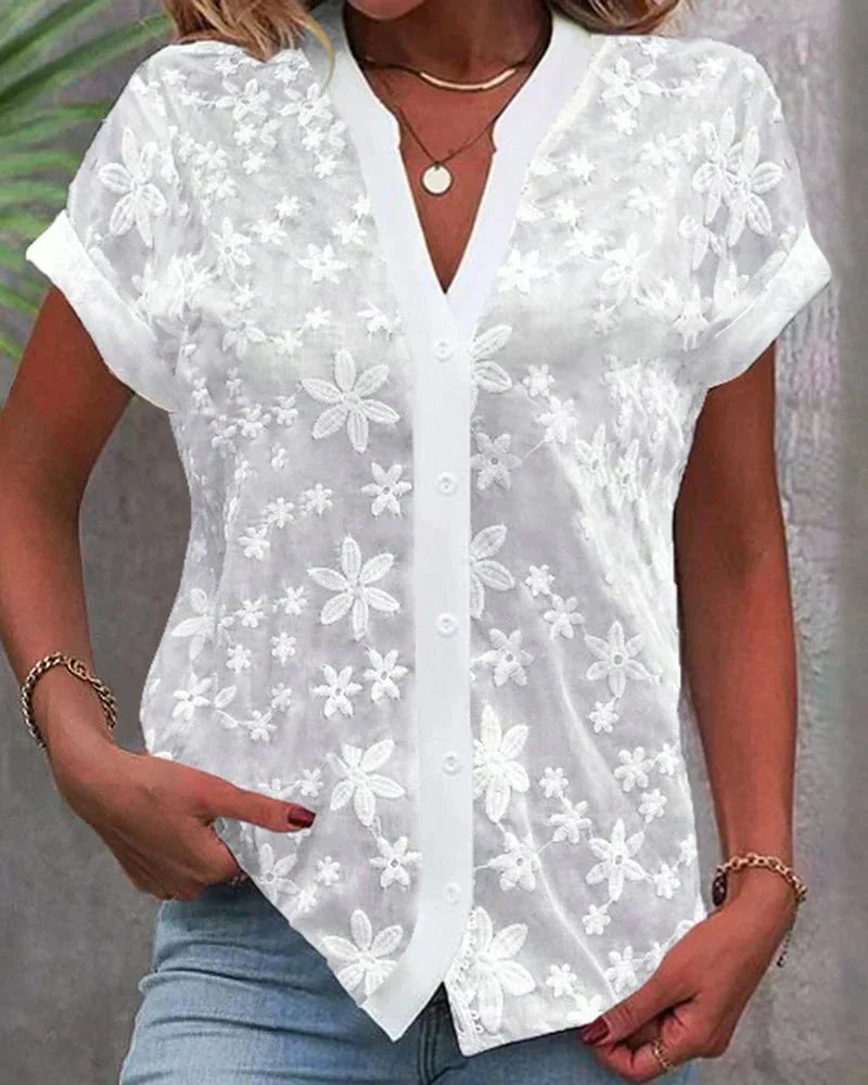Mia Elegant Floral Lace Button-Front Blouse