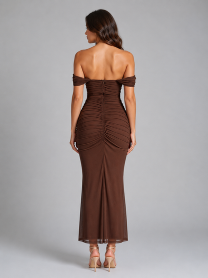 Women's Off-Shoulder Ruched Maxi Dress – Wedding Guest Gown