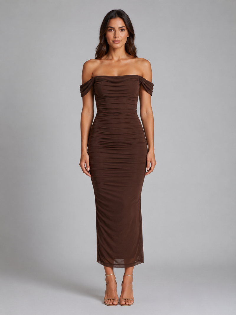 Women's Off-Shoulder Ruched Maxi Dress – Wedding Guest Gown