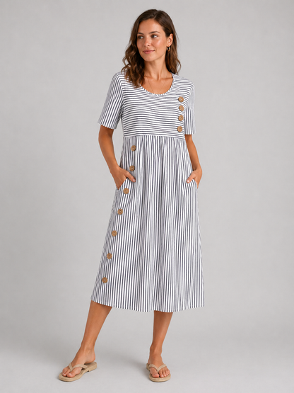 Women's Flattering Striped Midi Dress – Button Detail Fit