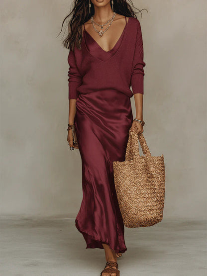 Aria Satin Midi Set with Coordinating Knit