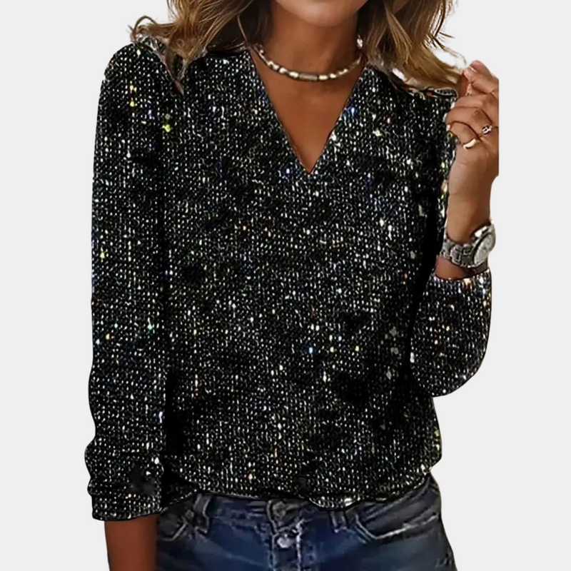 Zyvella Sequin V-Neck Glitter Top