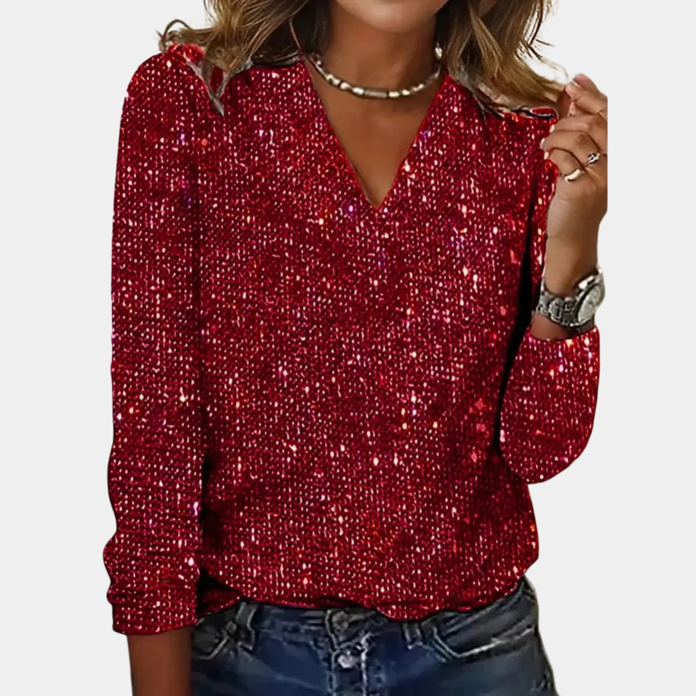 Zyvella Sequin V-Neck Glitter Top