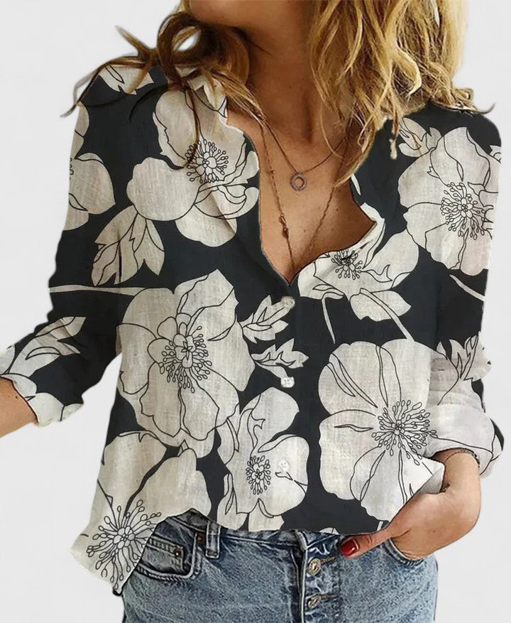 Evelyn Romantic Botanical V-Neck Floral Blouse