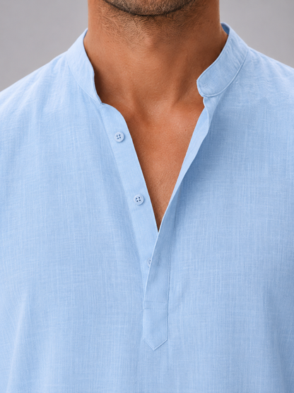 Men’s Linen Look Stand Collar Shirt – Relaxed Summer Style