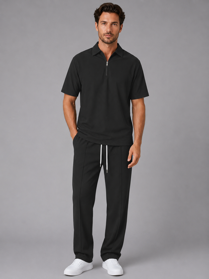 Men’s Waffle Knit Two Piece Set – Zip Neck Polo Shirt & Drawstring Trousers