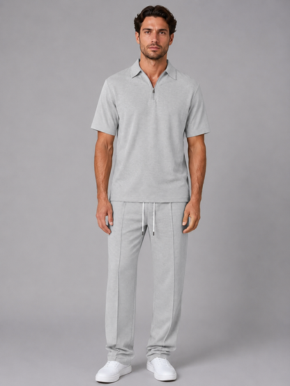 Men’s Waffle Knit Two Piece Set – Zip Neck Polo Shirt & Drawstring Trousers