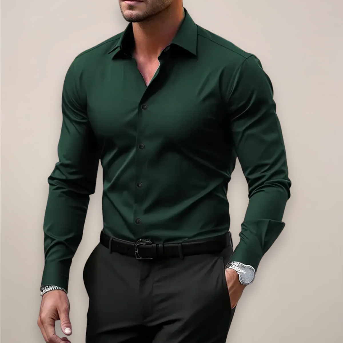 Men's Notched Collar Button-Up Shirt - Classic Smart Casual Long Sleeve