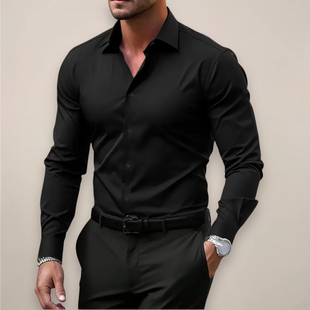 Men's Notched Collar Button-Up Shirt - Classic Smart Casual Long Sleeve