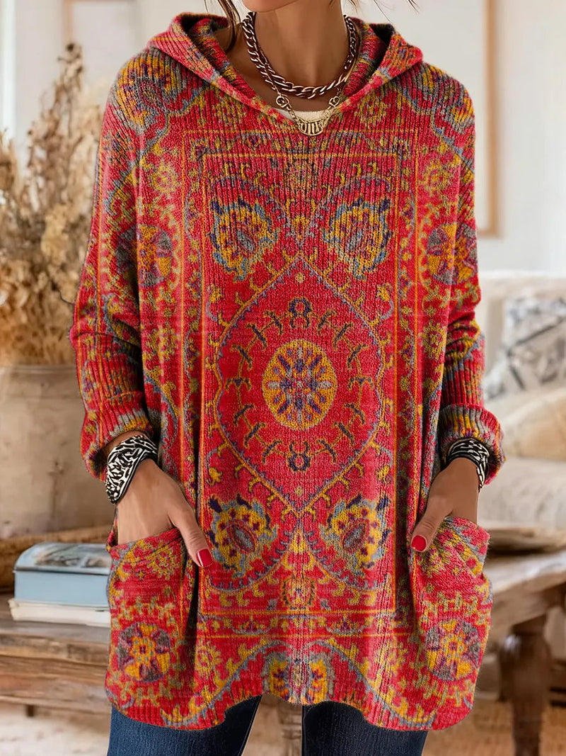 Mira Cozy Hooded Women's Tunic with Retro Ethnic Print