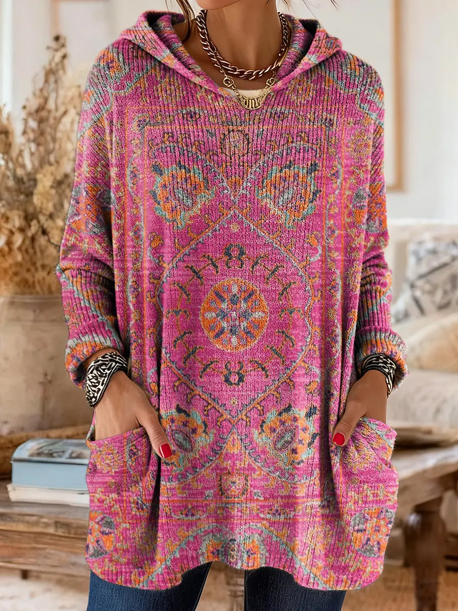 Mira Cozy Hooded Women's Tunic with Retro Ethnic Print