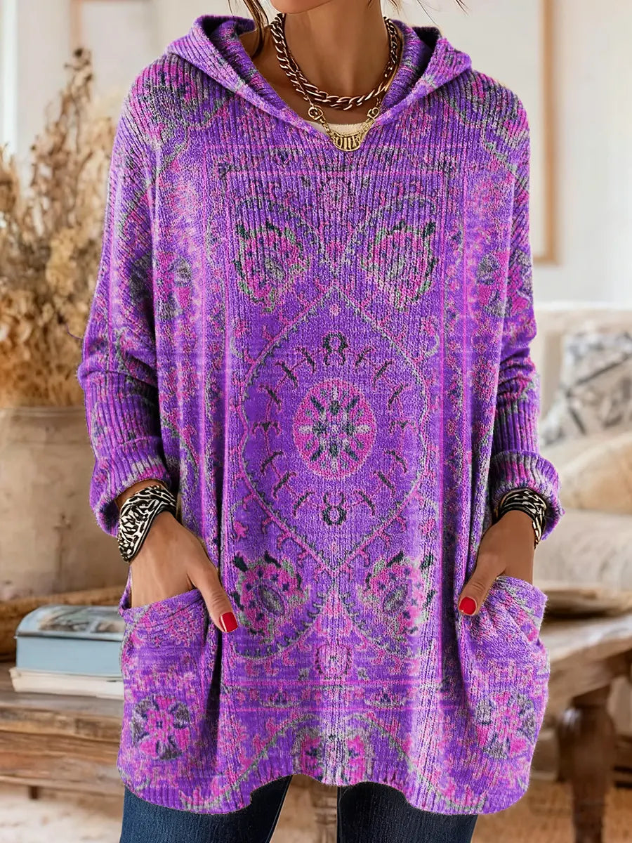 Mira Cozy Hooded Women's Tunic with Retro Ethnic Print