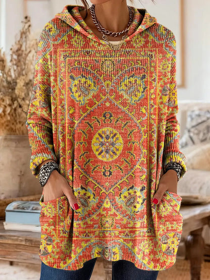 Mira Cozy Hooded Women's Tunic with Retro Ethnic Print