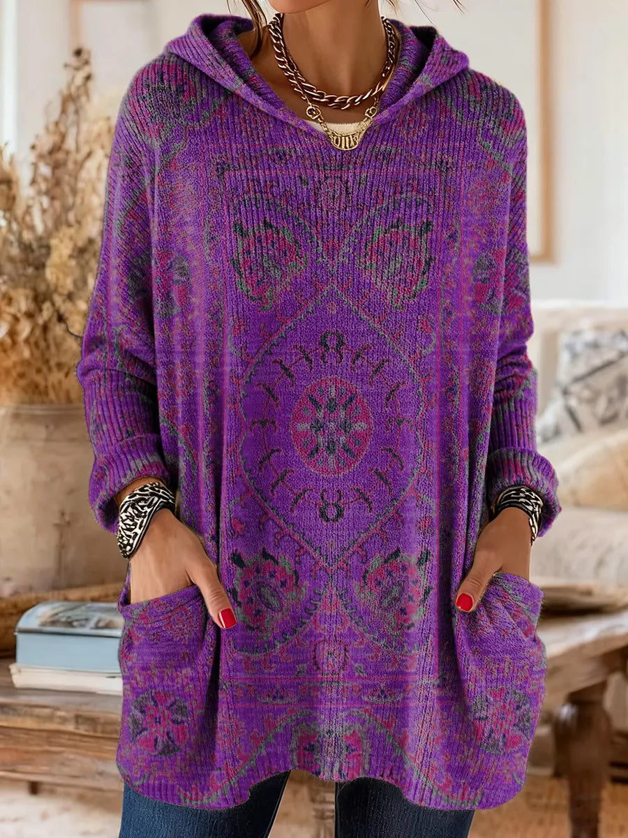 Mira Cozy Hooded Women's Tunic with Retro Ethnic Print