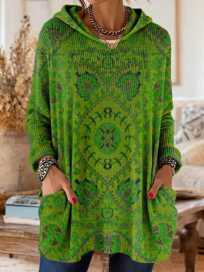 Mira Cozy Hooded Women's Tunic with Retro Ethnic Print