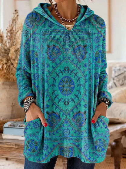 Mira Cozy Hooded Women's Tunic with Retro Ethnic Print