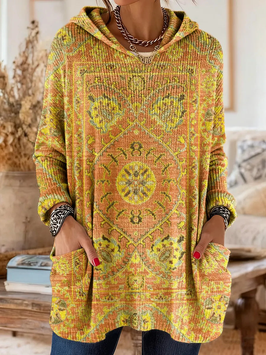 Mira Cozy Hooded Women's Tunic with Retro Ethnic Print
