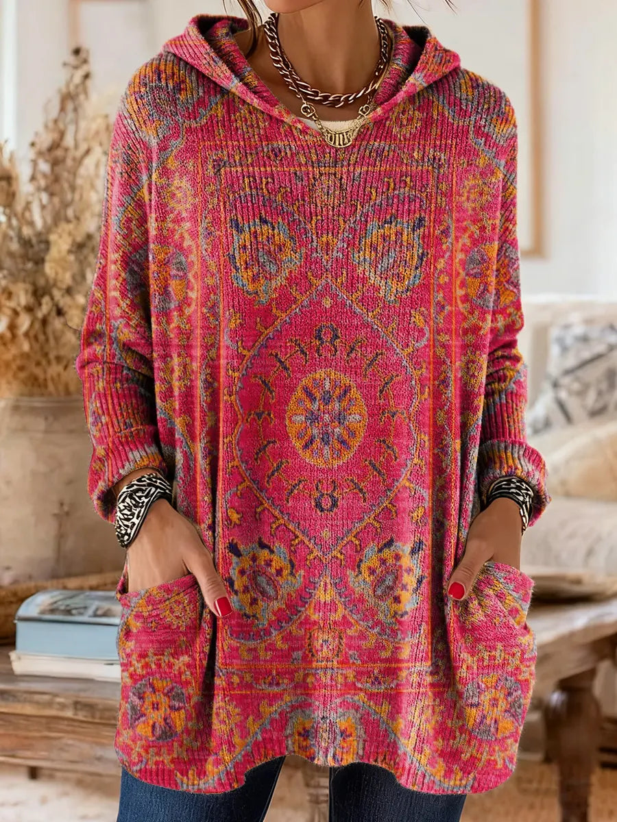 Mira Cozy Hooded Women's Tunic with Retro Ethnic Print