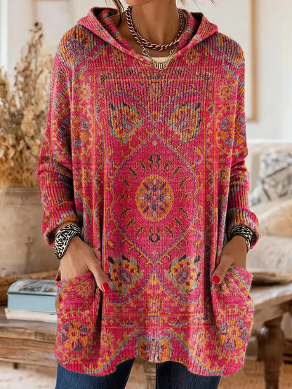Mira Cozy Hooded Women's Tunic with Retro Ethnic Print