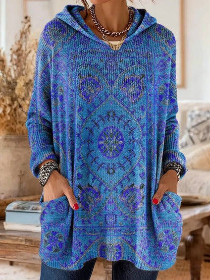 Mira Cozy Hooded Women's Tunic with Retro Ethnic Print
