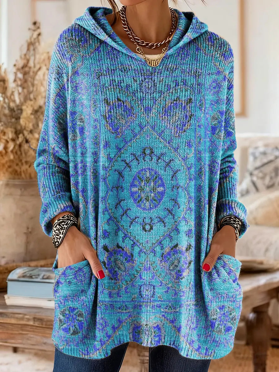 Mira Cozy Hooded Women's Tunic with Retro Ethnic Print