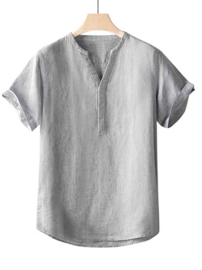 Minimal V-Neck Short-Sleeved Linen Shirt
