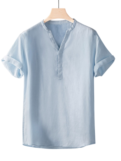 Minimal V-Neck Short-Sleeved Linen Shirt