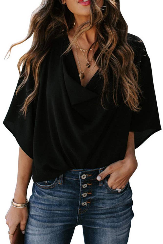 Willow Elegant Draped Cowl Neck Batwing Blouse