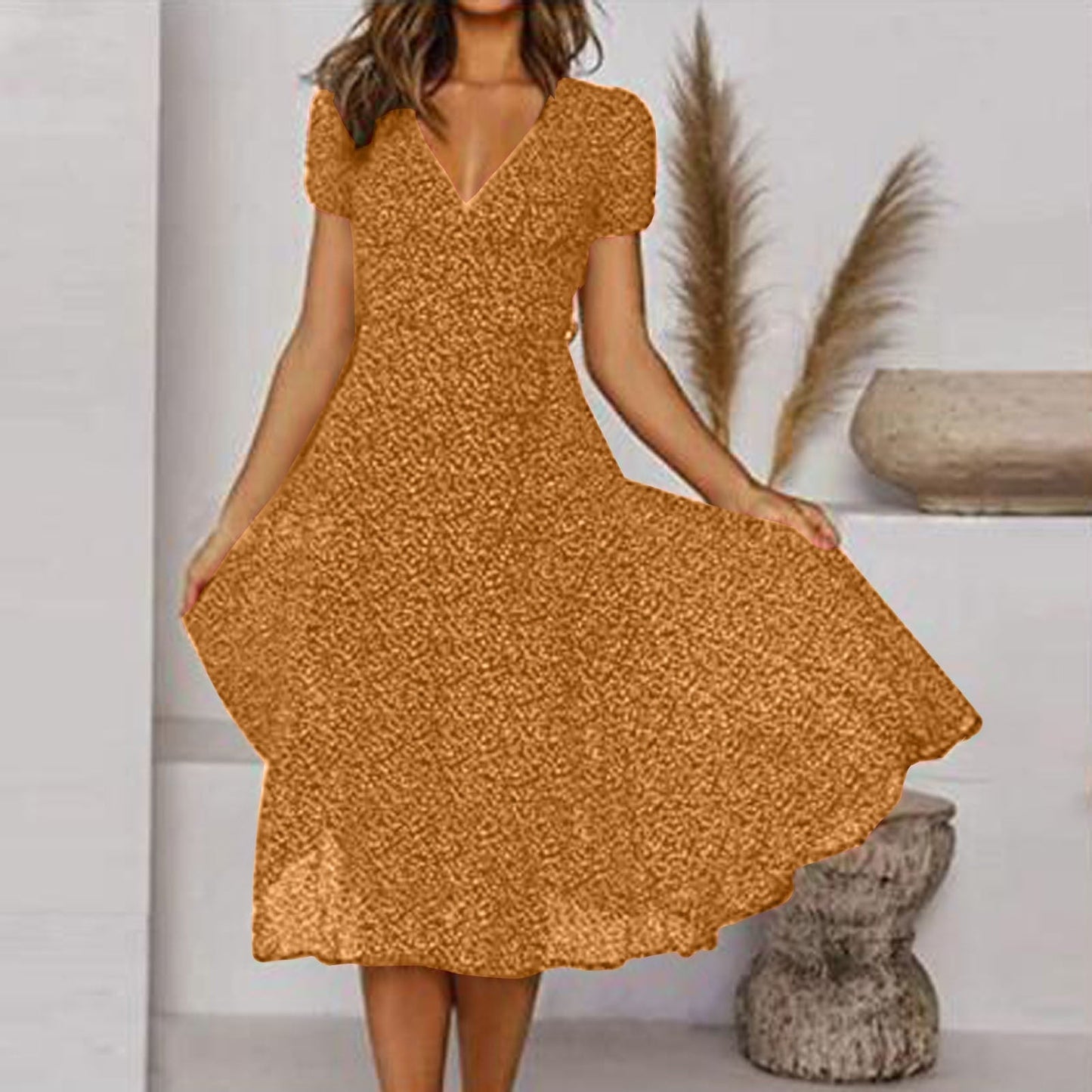 Ernestina Stylish Flattering Fit V-Neck Dress