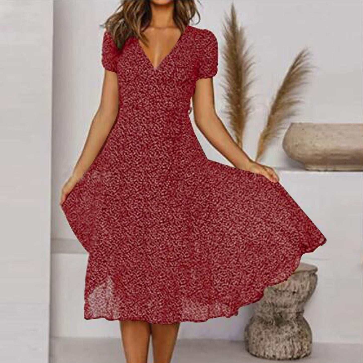 Ernestina Stylish Flattering Fit V-Neck Dress