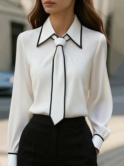 Olivia Elegant Tie Neck Contrast Collar Blouse