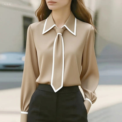 Olivia Elegant Tie Neck Contrast Collar Blouse