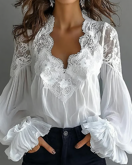 Clara Elegant Floral Lace Lantern Blouse