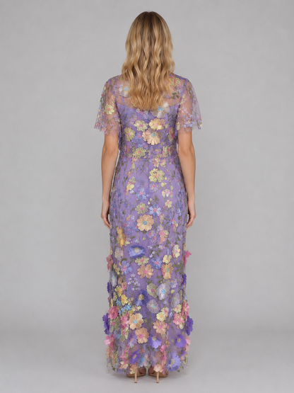 Women's 3D Floral Embroidered Tulle Maxi Dress – Elegant Occasion Gown