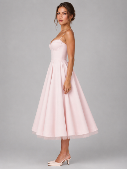 Women’s Corset Midi Dress with Full Skirt – Elegant Occasion Style