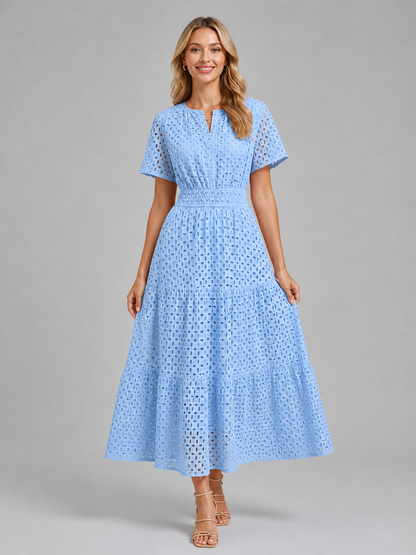Women’s Eyelet A-Line Midi Dress – Cotton Blend Summer Style
