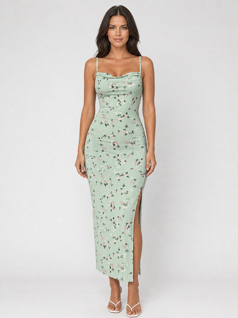 Women’s Floral Cowl Neck Midi Dress – Side Split Summer Style
