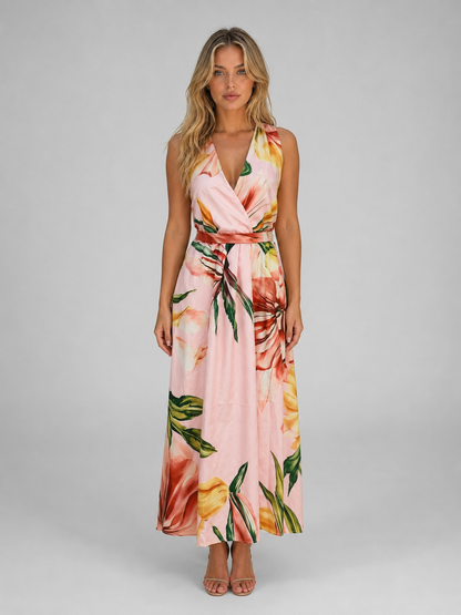Women's Floral Halter Maxi Dress – Tie Waist Summer Occasion Style