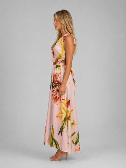 Women's Floral Halter Maxi Dress – Tie Waist Summer Occasion Style
