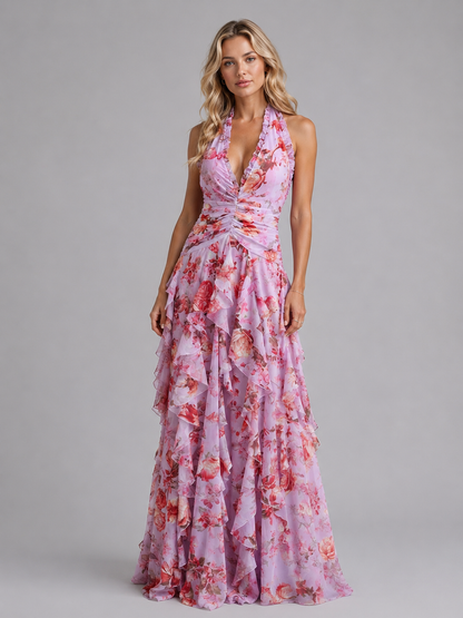 Women’s Floral Halter Maxi Dress – Wedding Guest Evening Gown