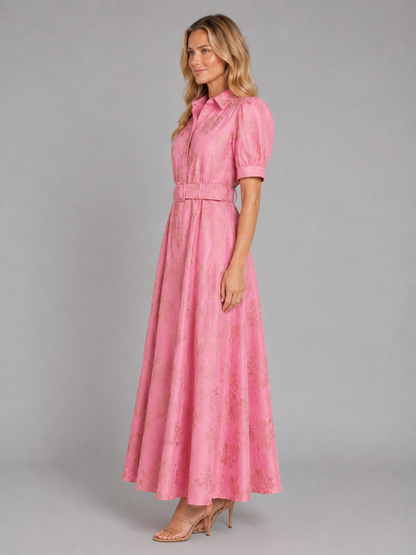 Women’s Floral Jacquard Maxi Dress – Flattering Belted Waist