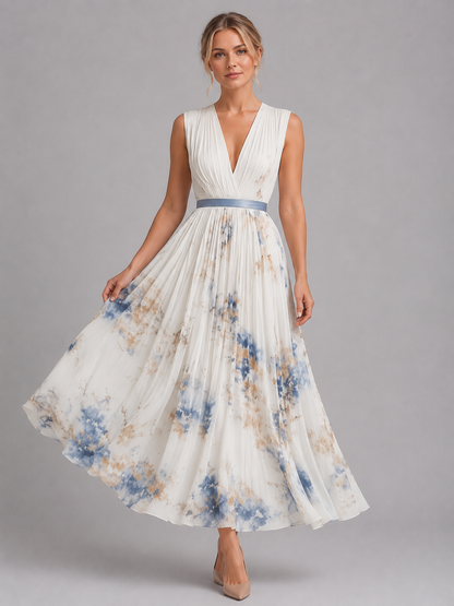 Women’s Floral Maxi Dress – Pleated A-Line Fit