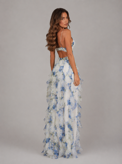 Women’s Floral Ruffle Maxi Dress – Chiffon Look Summer Elegance