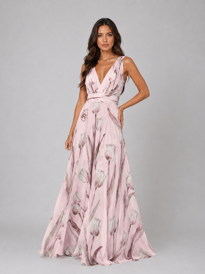 Women’s Floral V-Neck Maxi Dress with Cinched Waist – Summer Occasion Style