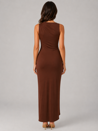 Women’s High Neck Ruched Maxi Dress –  Gold Detail Gown
