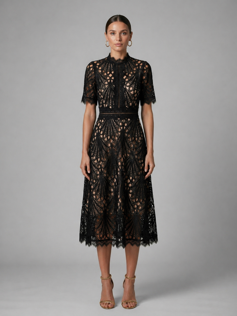 Women’s Lace Midi Dress – High Neck Elegant A-Line Silhouette